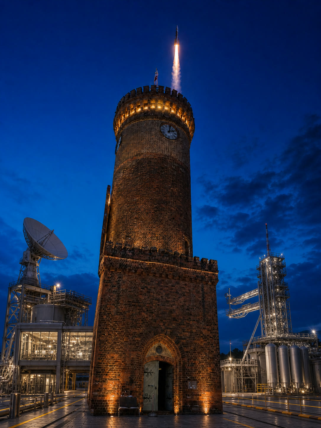The same Spremberger Turm surrounded by a future spaceport
